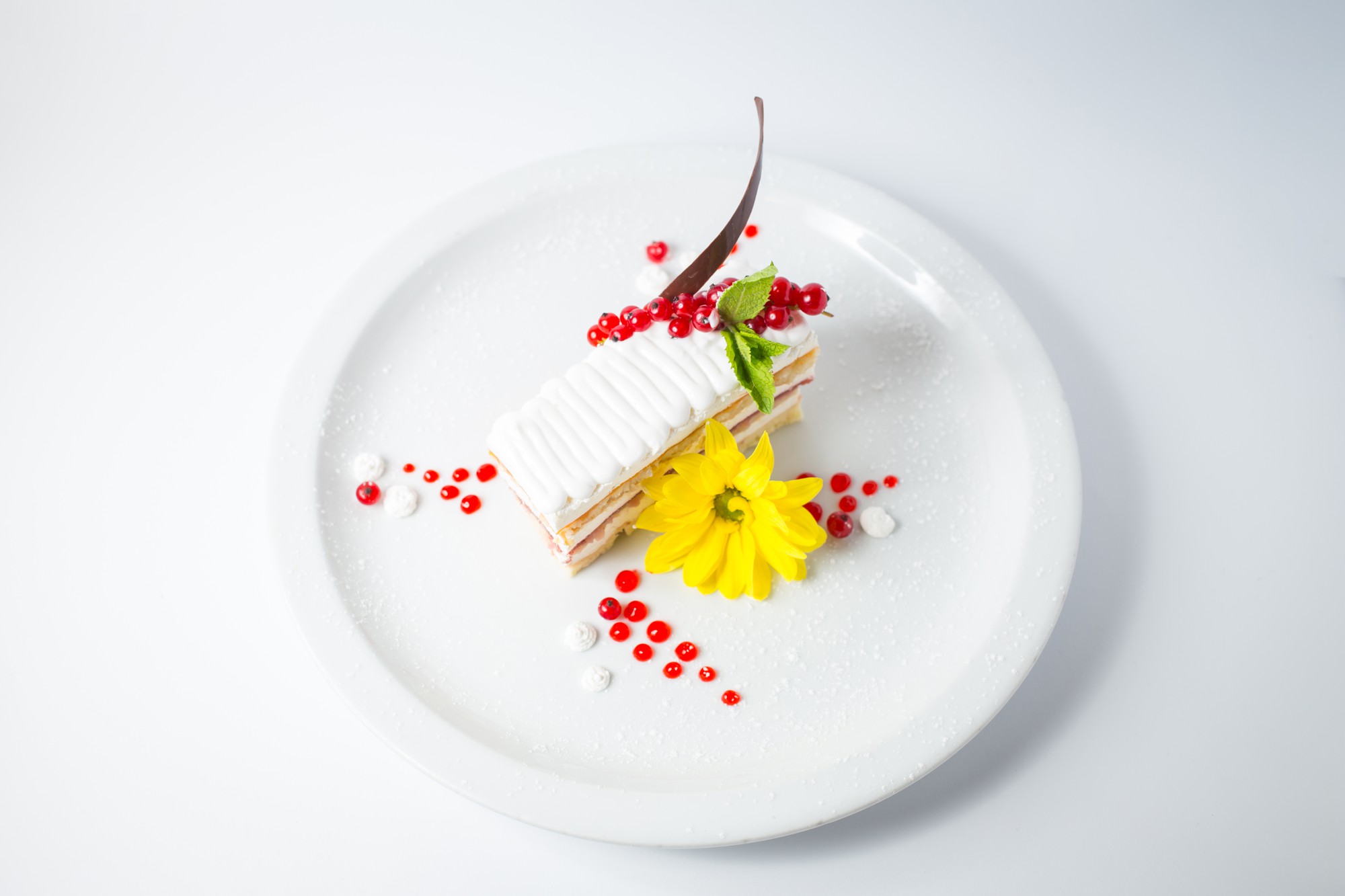 Close-up of plated dessert with fine garnish