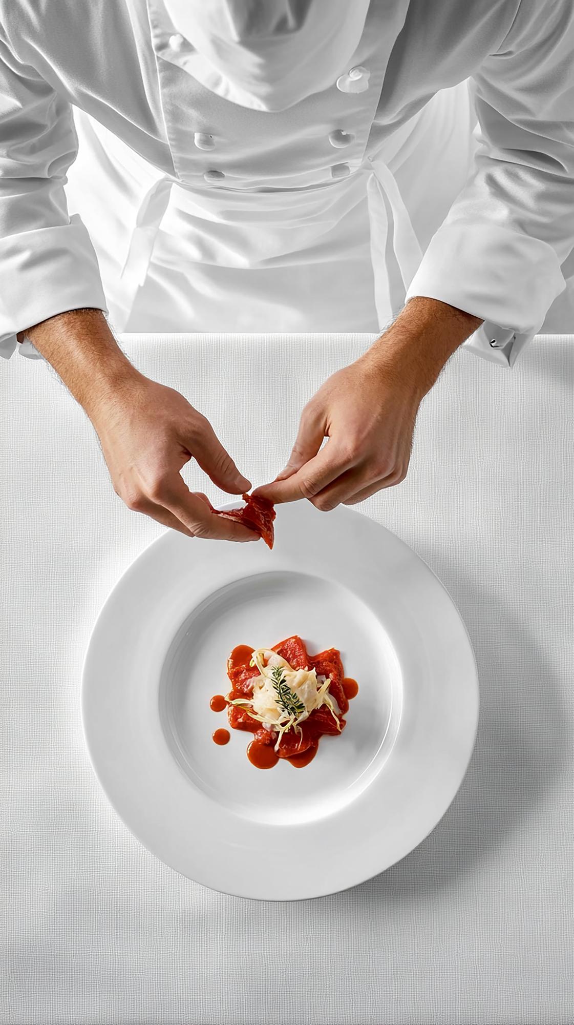 Instructor plating a signature dish in studio